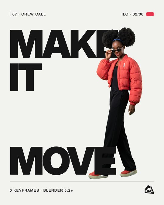 Post: Crew Call. MAKE IT MOVE, with a character in a red jacket.
