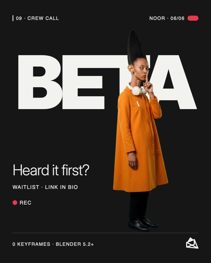 Post: Crew Call. Noor, in a saffron coat, next to the word BETA: the MotionDeck beta opens soon.